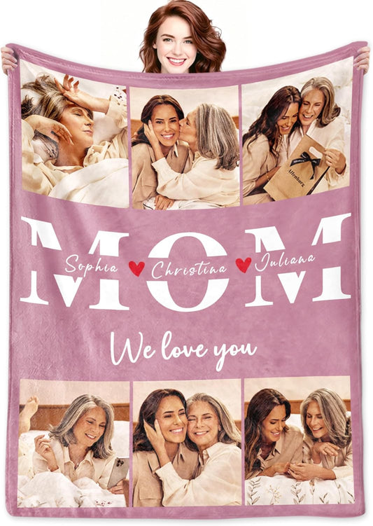 Mothers Day Personalized Gifts for Mom Custom Blanket with Photos,Flannel Throw Blankets Customized with Kids Name Love You Mom Birthday Gifts from Daughter Son Husband