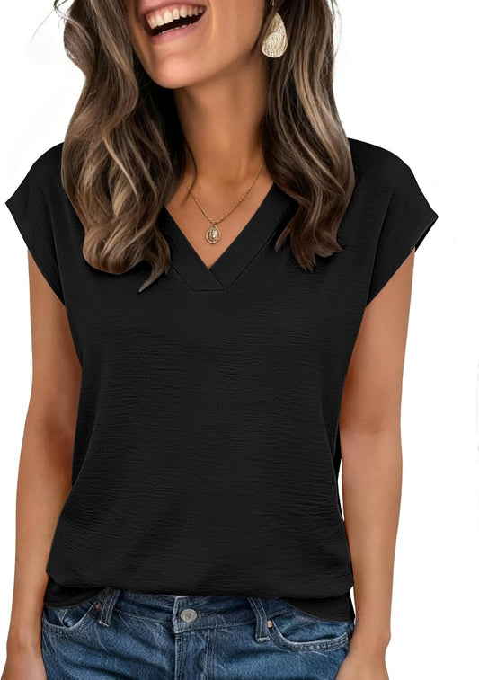 Womens Tops Cap Short Sleeve Textured Blouse V Neck Summer Spring Shirts Business Casual Outfits