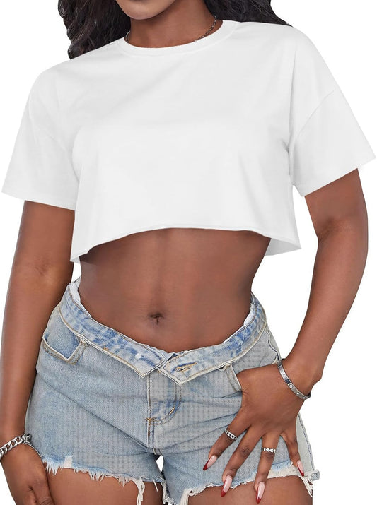Crop Tops for Women Casual Short Sleeve T Shirts Summer Basic Top Crew Neck Oversized Cropped Tees 2026