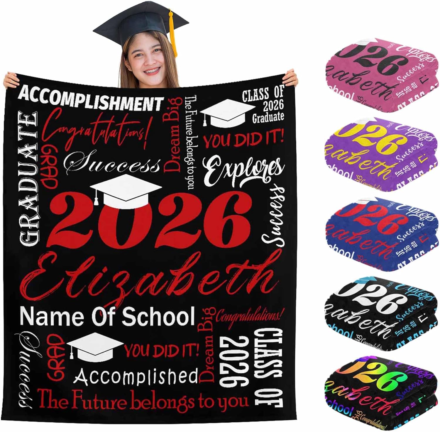 M YESCUSTOM Custom Graduation Gifts Blanket with Text Personalized Class of 2026 Graduation Blankets Customized Throw Blanket Graduation Gift for Her Him High School College 50" X 60" Black Purple