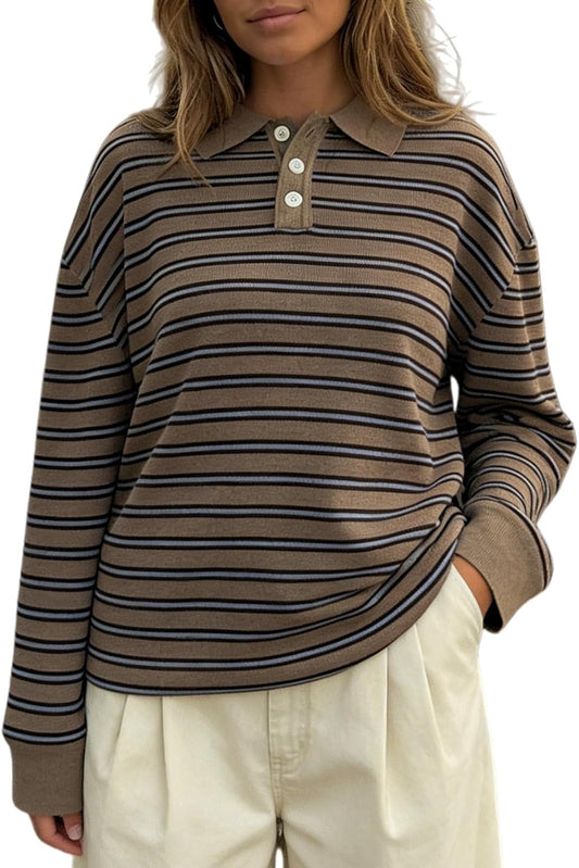 Oversized Striped Sweater for Women Collared Long Sleeve Preppy Polo Sweater Vintage Aesthetic Knitted Rugby Shirts