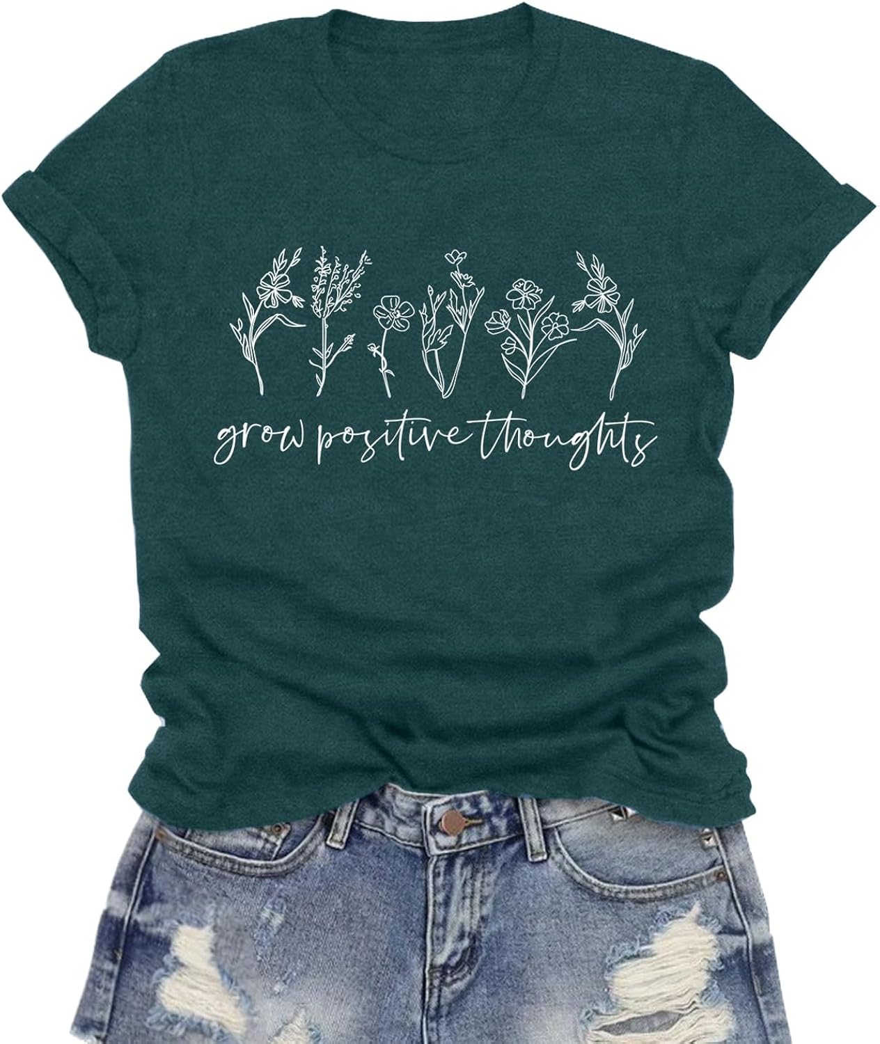 Inspirational Tshirts for Women Grow Positive Thoughts Shirt Cute Floral Tee Motivational Tops
