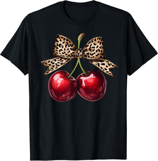 Retro Cherry Leopard Coquette Bow Cute Cherries Women Girls T-Shirt