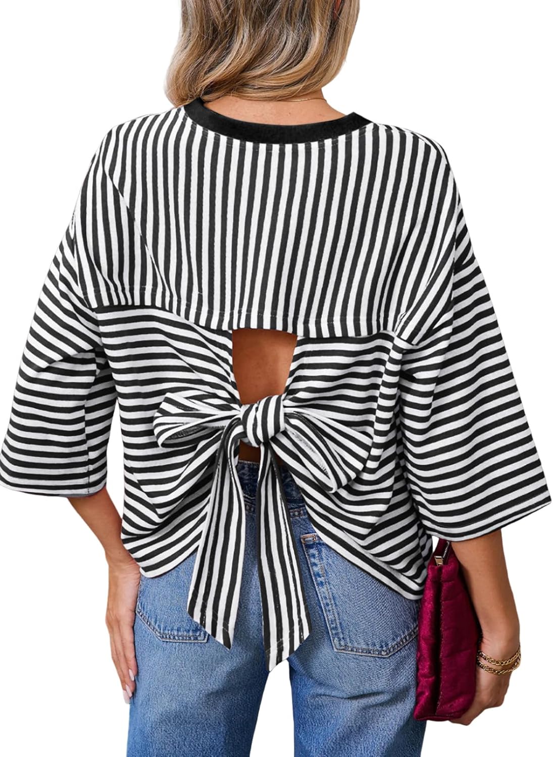 Womens Tops 2026 Striped Tie Back Short Sleeve T Shirts Crewneck Casual Loose Basic Tee Summer Outfits