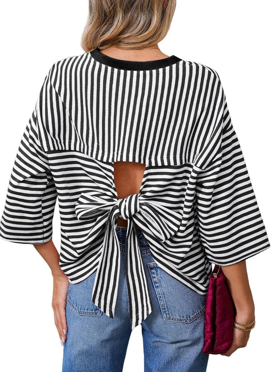 Womens Tops 2026 Striped Tie Back Short Sleeve T Shirts Crewneck Casual Loose Basic Tee Summer Outfits