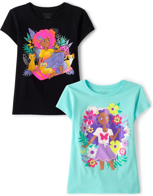Girls Unicorns,Sports,Butterflies Short Sleeve Graphic T-Shirts,2 Pack