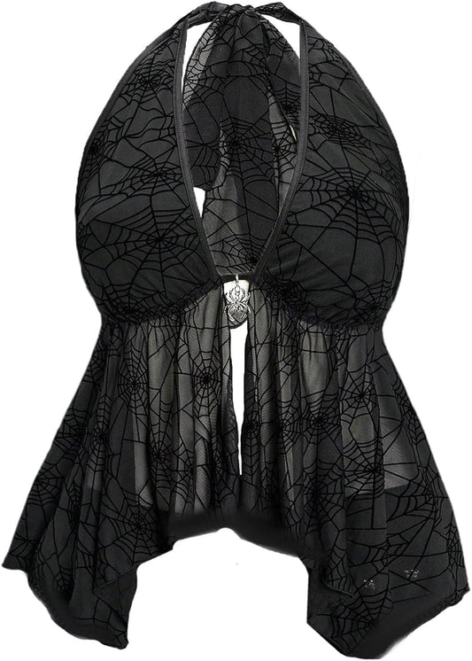 Women's Plus Size Y2k Goth Halter Top Spiderweb Mesh Sheer Rave Club Backless Peplum Tops