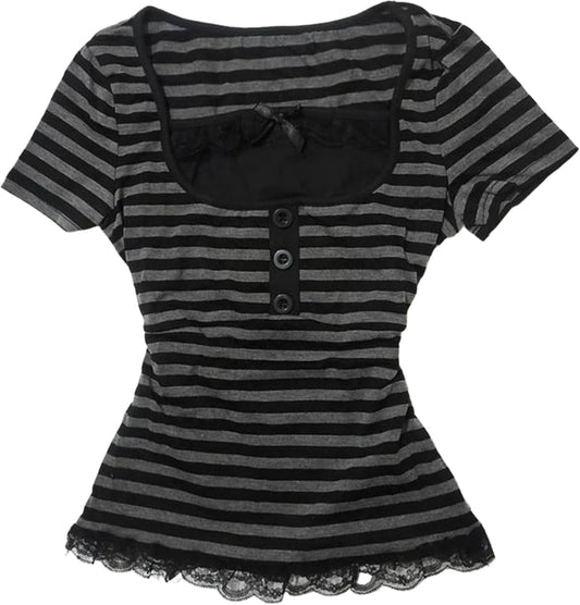 Y2K Fairy Grunge Emo Shirt Women Harajuku Stripe Teen Baby Tee Girl Gyaru 2000s Alt Mcbling Scene Tops Clothes