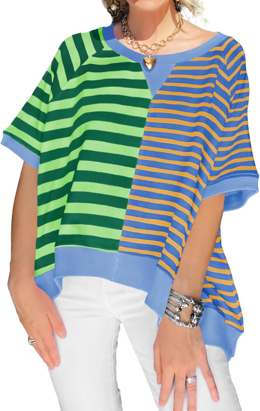 Womens Oversized Color Block Striped T-Shirts Summer Casual Short Sleeve Tops Trendy Loose Fit Crew Neck Tees
