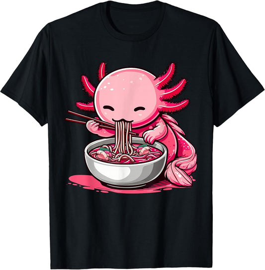 Funny Axolotl Noodle Gifts Anime Kawaii Axolotl Eating Ramen Noodles Unisex Kids Teen Adult T-Shirt Black Small