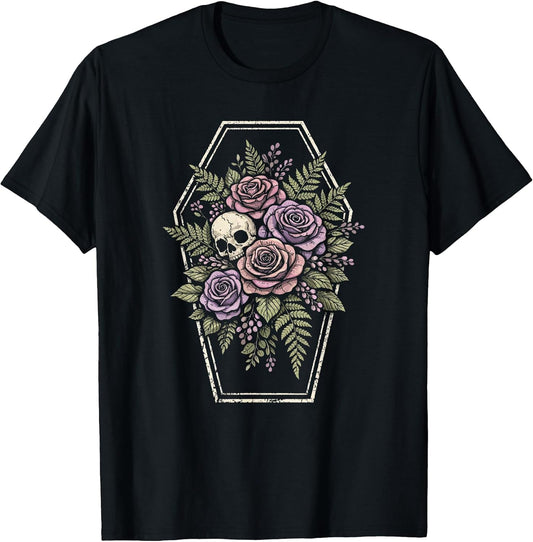 Skull Goth Flower Floral Coffin Grunge Dark Alt Aesthetic T-Shirt