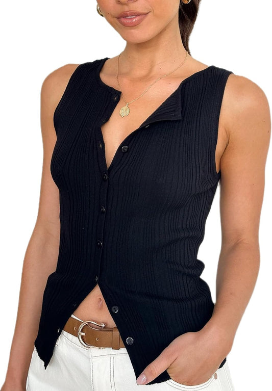 Women Button Down Knitted Vest Ribbed Tank Tops Button Up Open Front Knit Shirt Sleeveless Slim Fit Dressy Top