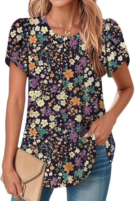 Boho Floral Print Shirts Womens Tunic Tops Petal Sleeve Crewneck Casual Tops for Women Summer Vintage Dressy Shirt