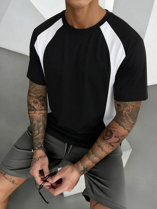 New Spring & Summer Men's Vintage Minimalist Color Block T-Shirt, Fashion Trendy Drop Shoulder Short Sleeve Top