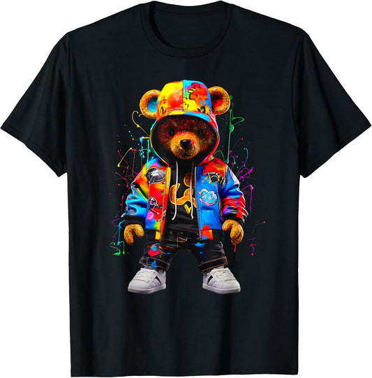 Hip-Hop Teddy-Bear Colorful Teddybear with Hoodie Graphic T-Shirt
