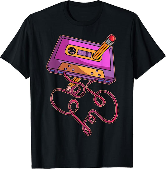 80s Cassette Tape Pencil 1980s Retro Vintage Throwback Music Short Sleeve T-Shirt