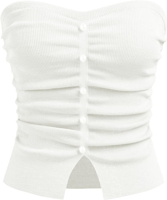 Faux Pearl Tube Tops for Women Crop Knit Split Hem Ruched Going Out Tops Cute Summer Outfits Y2K
