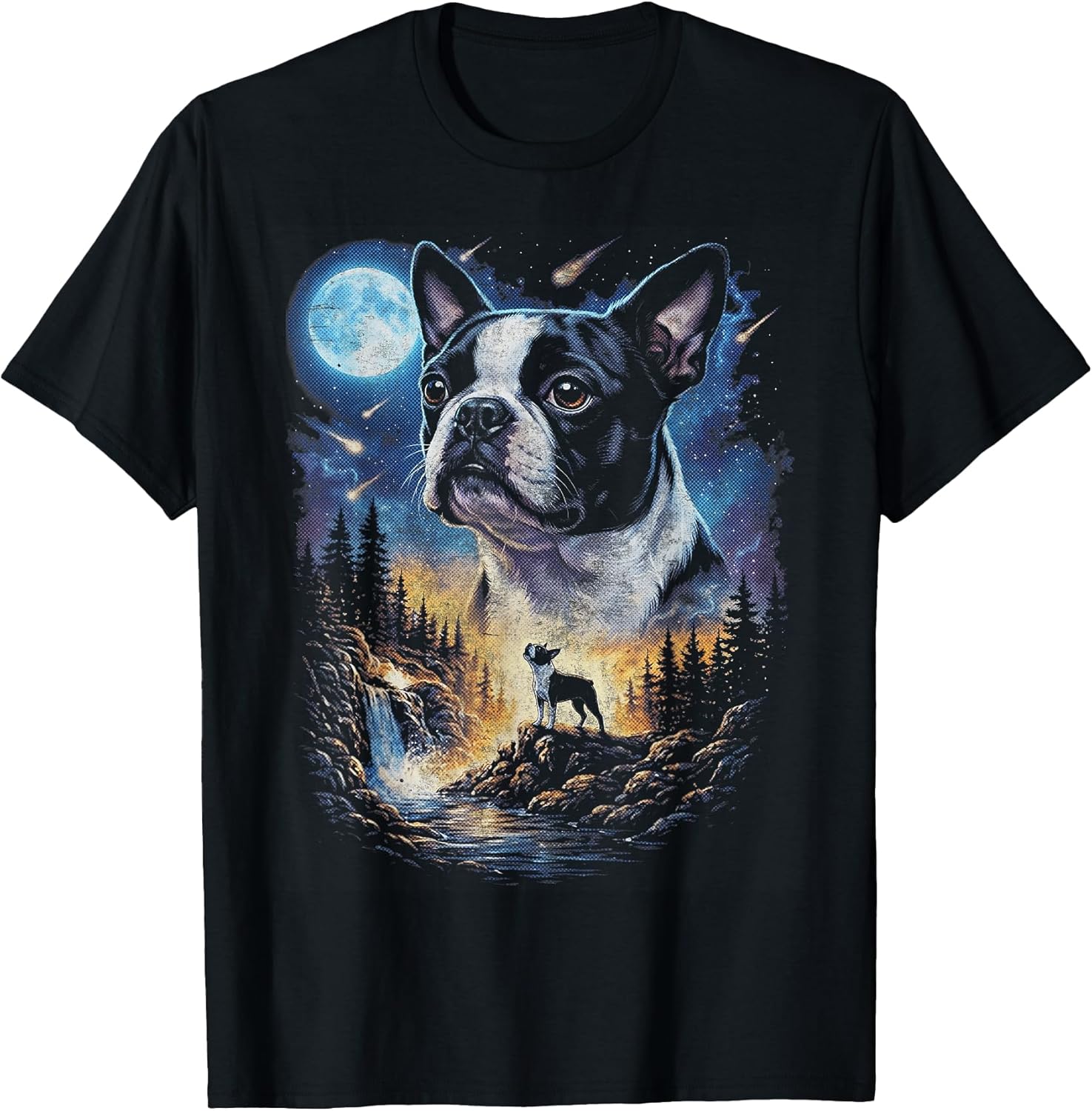 Boston Terrier Howling at The Moon Vintage Dog Art T-Shirt