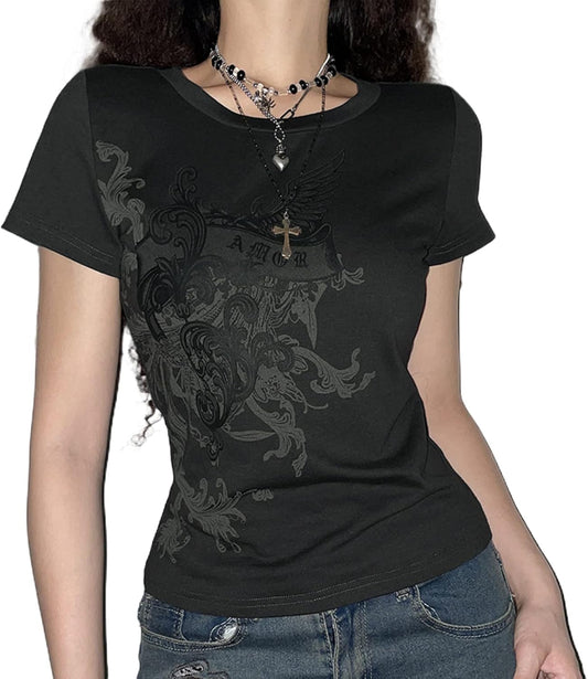 Vintage Y2K Grunge Aesthetic Gothic Punk T Shirt Short Sleeve Rock Graphic Print Crop Tee Slim Fairy Cotton Streetwear