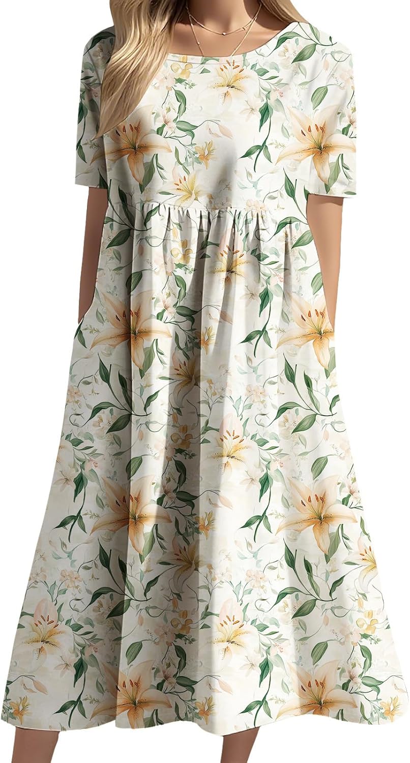 Women Boho Floral Midi Dress Short Sleeve Round Neck Flower Pattern Vacation Casual Sundress Soft Lightweight