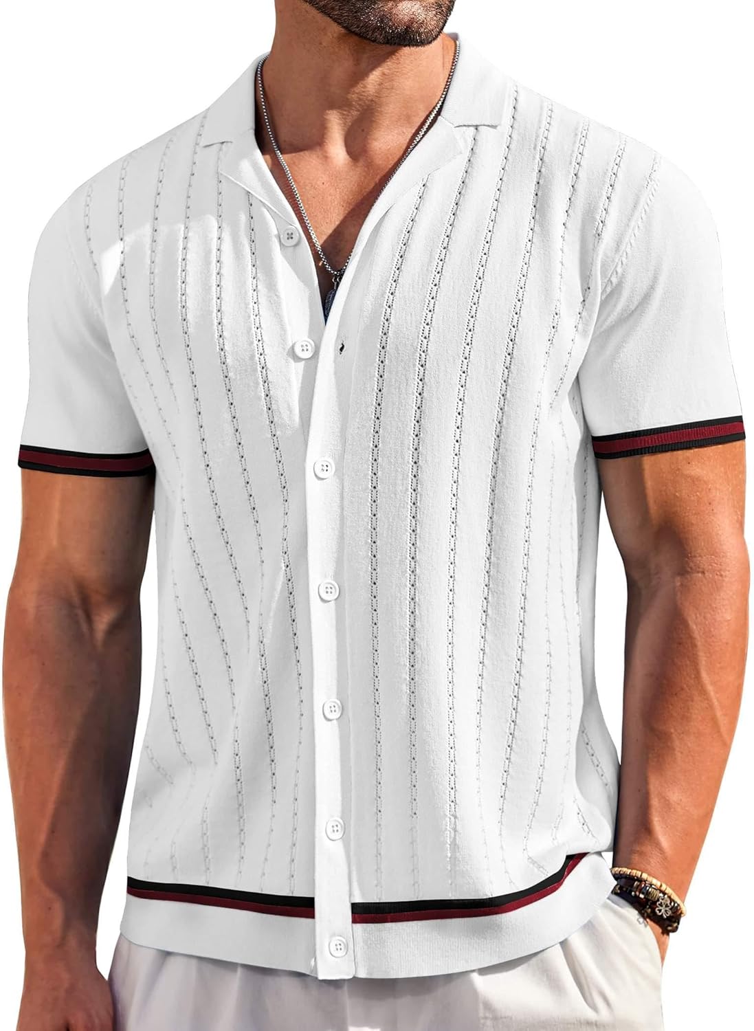 Men's Short Sleeve Knit Shirt Casual Button Down Shirt Vintage Striped Knitted Golf Beach Tops