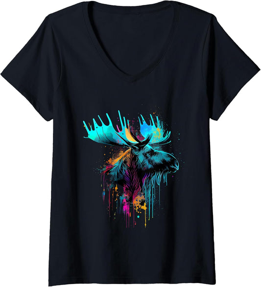 Womens Moose Lovers Colorful Pop Art Beautiful Moose V-Neck T-Shirt
