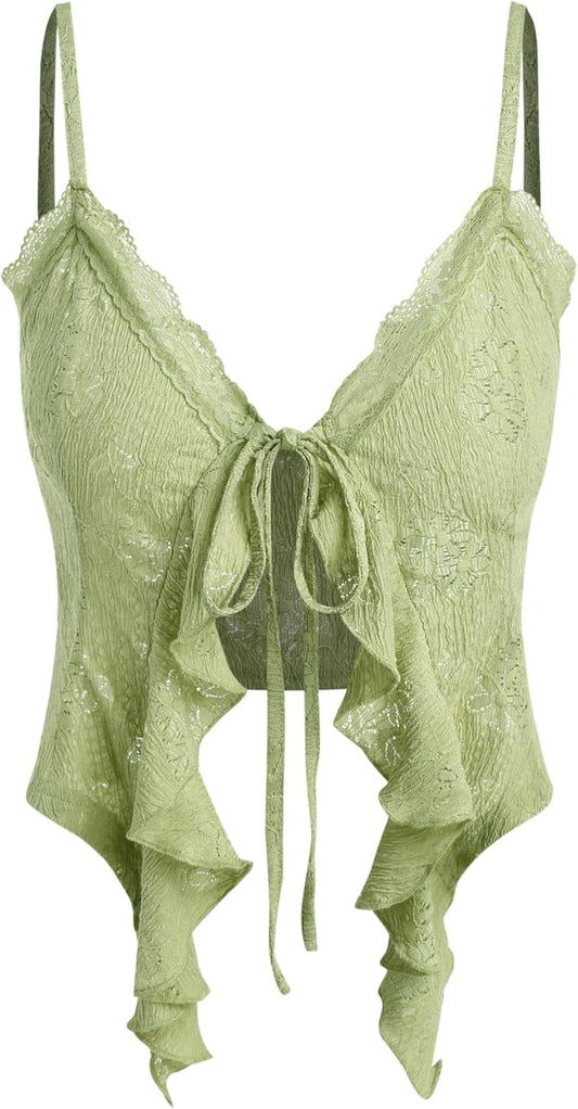 Going Out Tops for Women Y2K Tie Front Asymmetrical Ruffle Hem Lace Spaghetti Strap Cowgirl Crop Tops