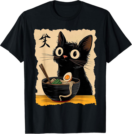Black Cat eating Ramen Japanese Kawaii Anime Cat Ramen T-Shirt