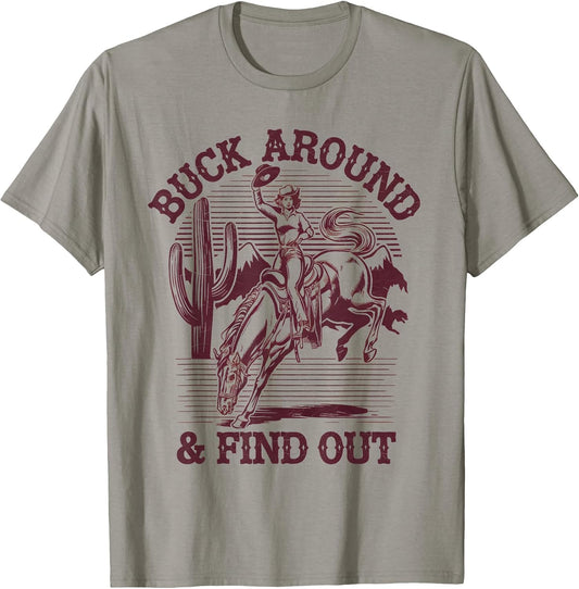 Desert Western Retro Vintage Cowboy Buck Around and Find Out Country T-Shirt Grey Small
