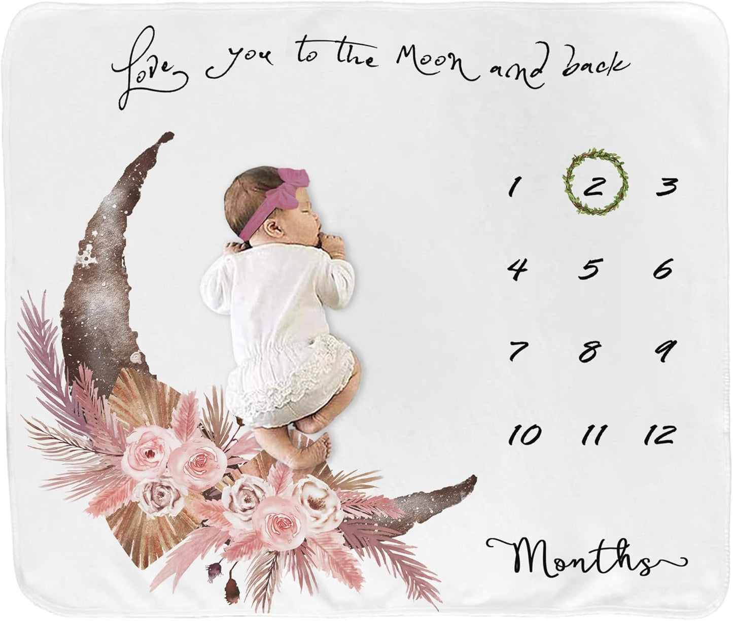 Baby Milestone Blanket for Baby Girl, Newborn Monthly Milestone Blanket, Baby Growth Chart Blanket, Boho Nursery Decor for Girls, Photo Prop with Wreath&Headband 45”x40”