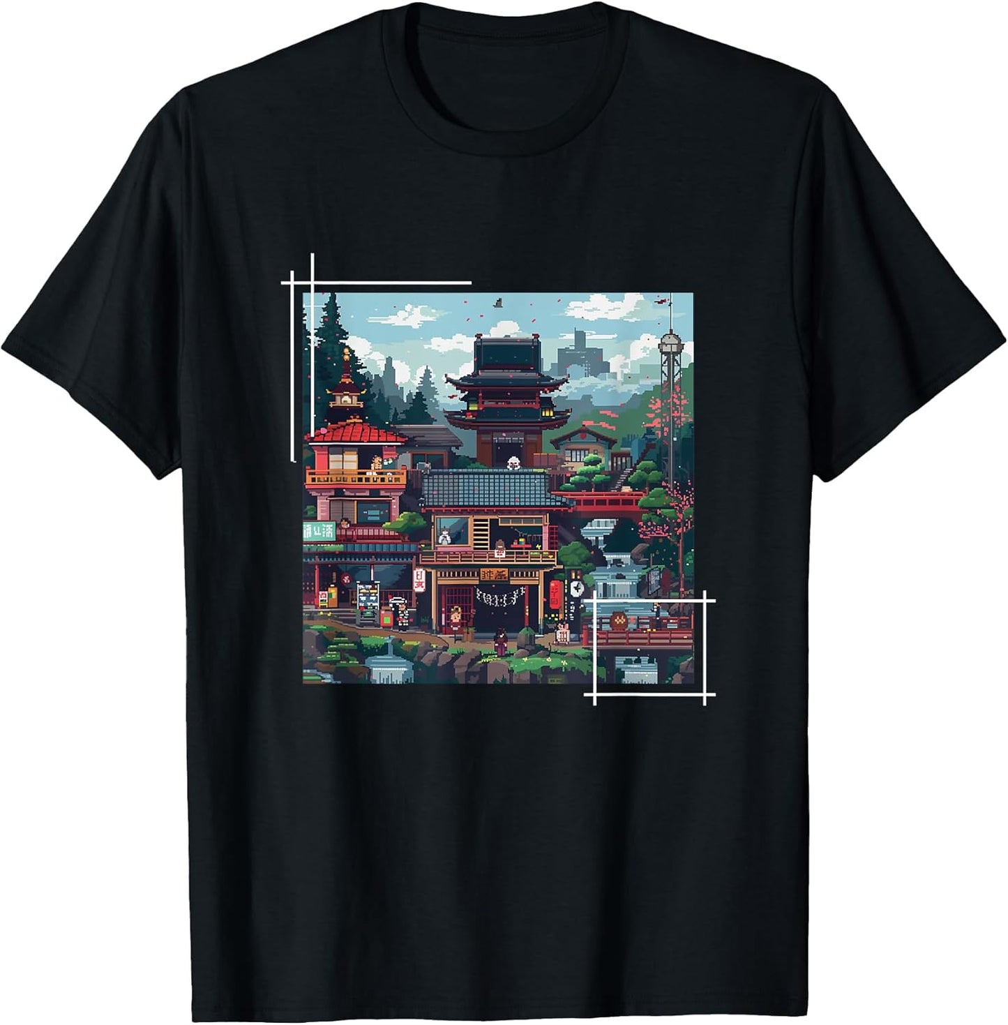 Japanese Pixel Art Village Retro Gaming Style Graphical Art T-Shirt
