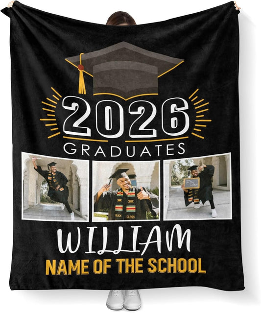 Custom Graduation Blankets with Photos Personalized Blankets with Name Class of 2026 Gifts for Graduate Daughter Son Adults Throw Blanket for Graduation Party