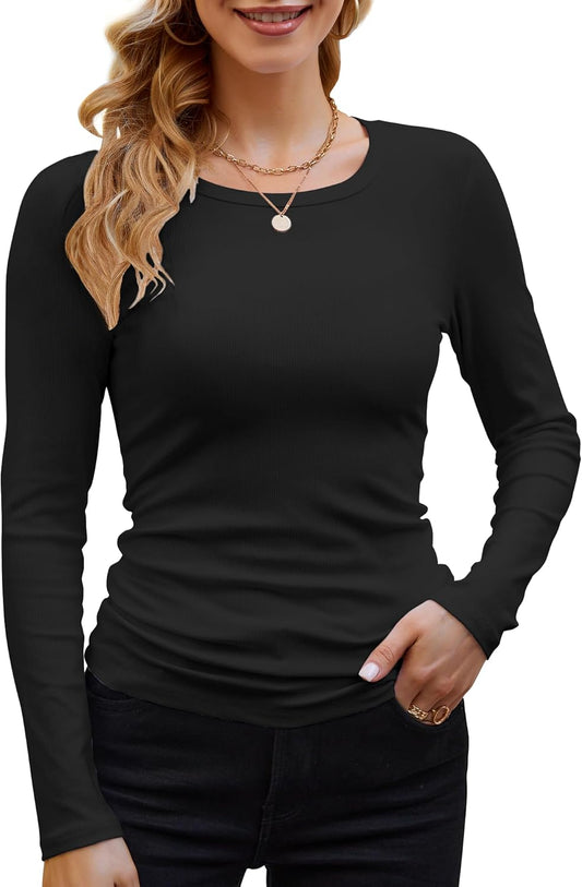 Womens Ribbed Long Sleeve Crewneck Casual Slim Basic Shirts Fitted Knit Tops