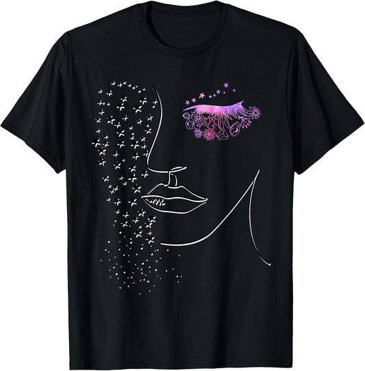 Female Minimalist Face Art - Pink Flower Eye Lashes & Stars T-Shirt