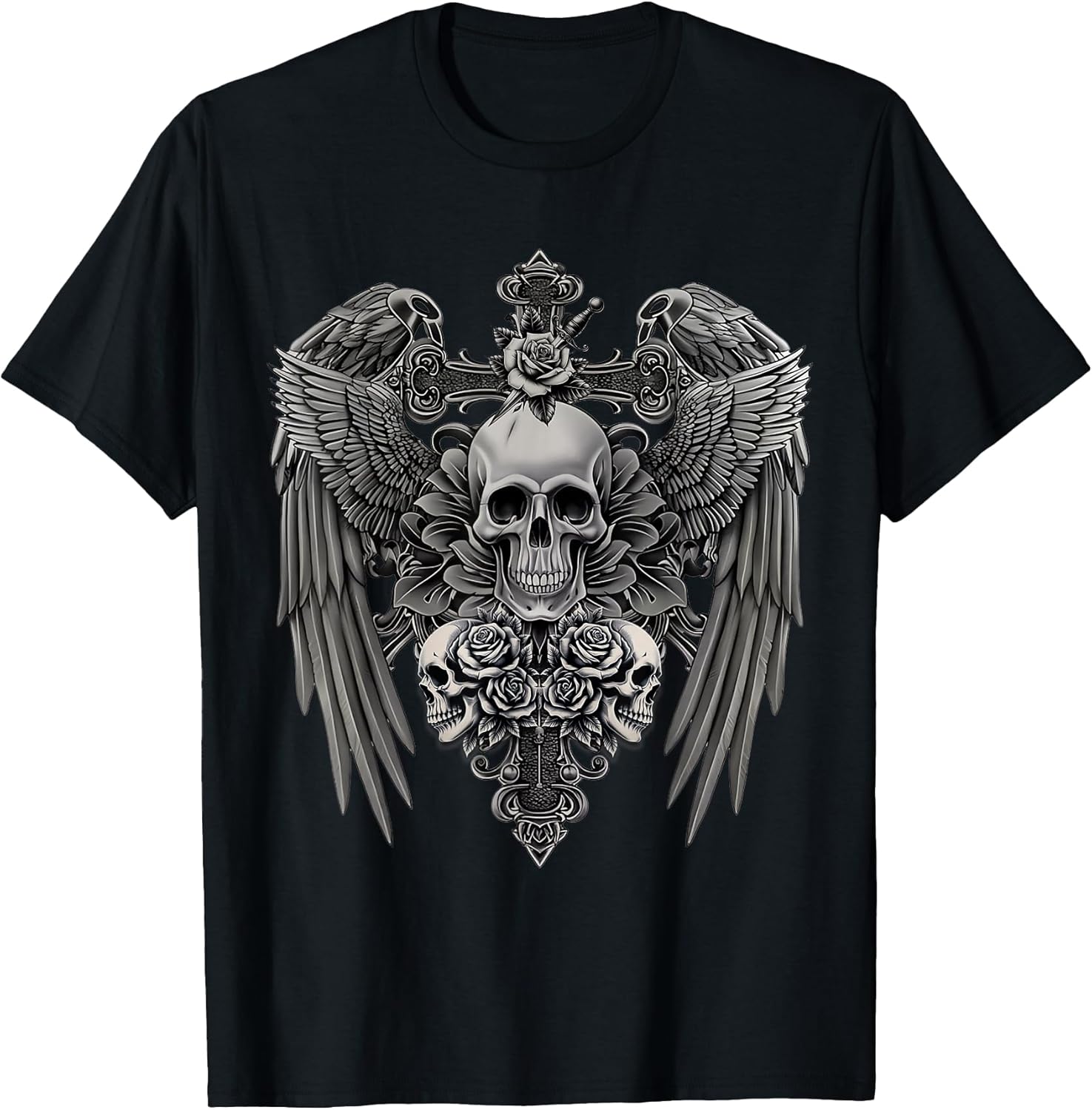 Funny Y2K Grunge Aesthetic Wings Alt Goth Skull Cross Gothic T-Shirt