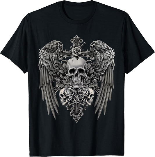 Funny Y2K Grunge Aesthetic Wings Alt Goth Skull Cross Gothic T-Shirt
