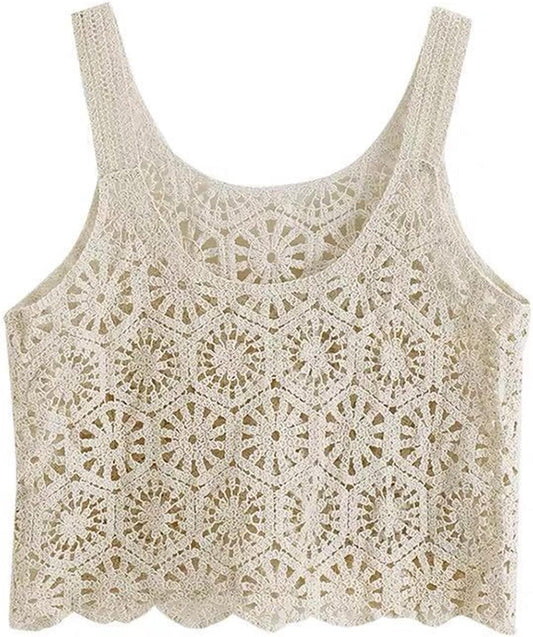 (One Size/Suitable for Height 155-160)、Women Crochet Cropped Tank Tops, Boho Hollow Out Floral Pattern Camisole Sleeveless Cover Up Vest Shirts Apricot