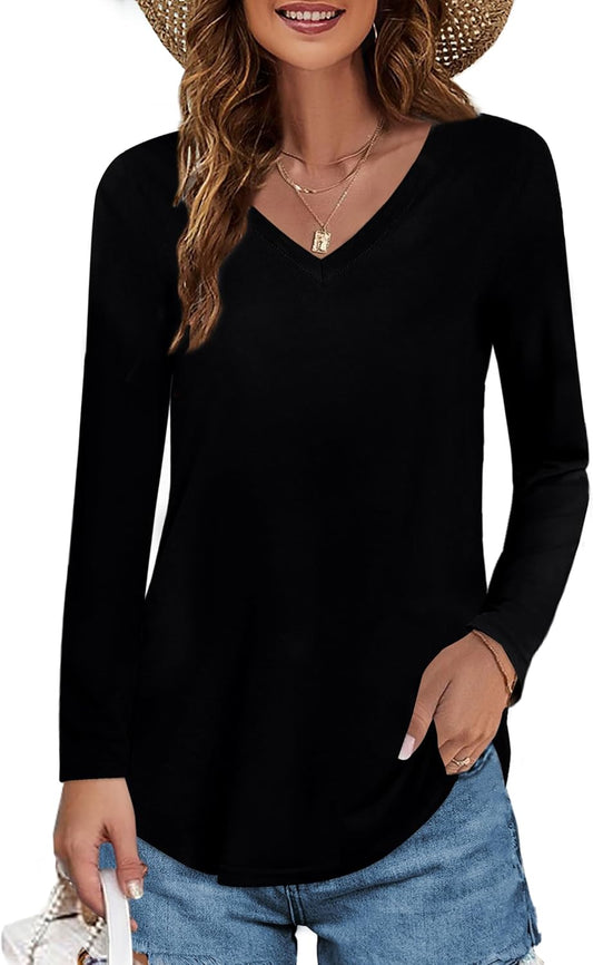 Womens T Shirts V Neck Summer Short/Long Sleeve Cotton Tops Tees