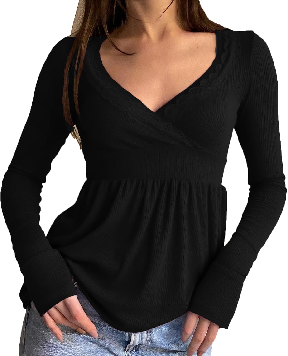 Women Long Sleeve Lace Trim Shirt Cute Wrap V Neck Slim Fit Solid Color Babydoll Top Y2k Fairy Grunge Top Streetwear