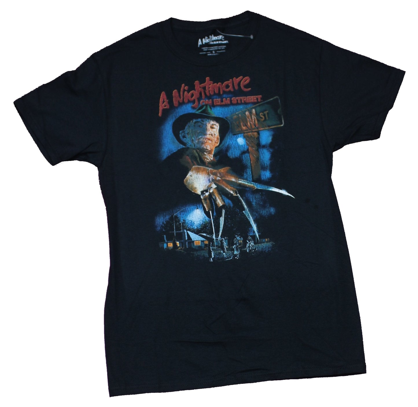 Nightmare on Elm Street Mens T-Shirt - Poster Big Freddy Over Neighborhood