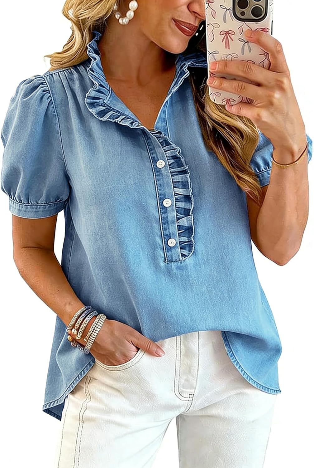 Denim Shirt Women Y2k Ruffle Denim Top Button Down Jean Shirt 2026 Summer Puff Short Sleeve Blouse