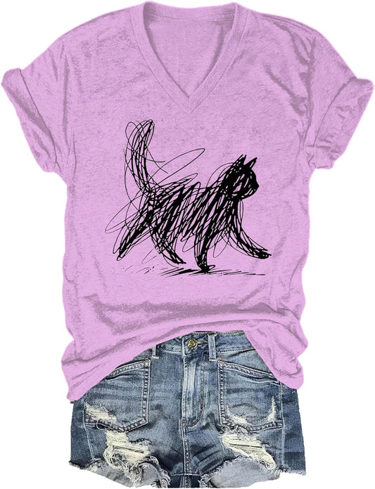 Minimalist Cat Art T-Shirt Funny Cat Shirt for Women Men Scribble Cats Shirt Cats Lover T-Shirt