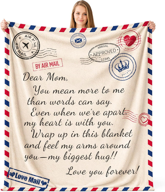 Birthday Gifts for Mum from Daughter Son,to My Mom Soft Throw Blanket, Custom Air Mail Love Letter Dear Mother Cozy Flannel Blanket Presents for Mom 50x60 Inches