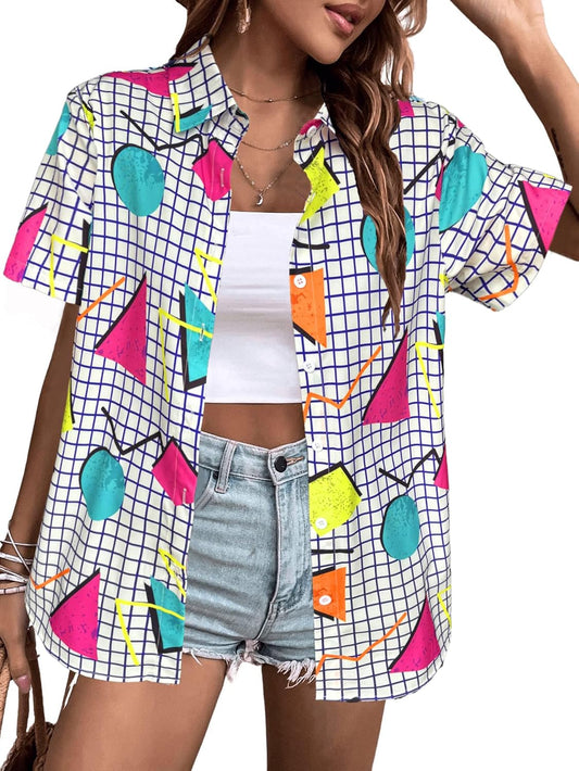80s 90s Outfits Women Hawaiian Retro Birthday Party Button Down Shirts Disco Neon Short Sleeve Blouse Tops