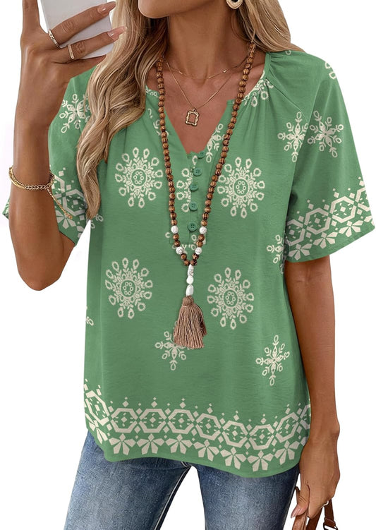 Womens Summer Boho Tops Casual Short Sleeve Blouses Button Down Shirts 2026 Beach Vacation Clothes