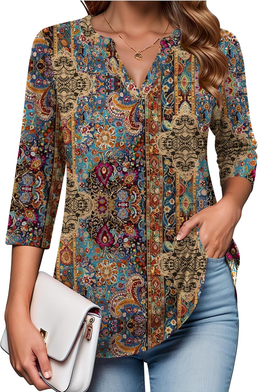 Womens 3/4 Length Sleeve Tops V Neck Tunic Casual Dressy Blouse Floral Printed Shirts