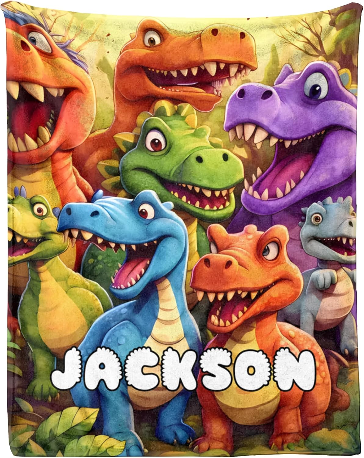 KiKiLuna Personalized 3D Dinosaur Blanket for Kids, Custom Name Throw, 100% Flannel Soft Cozy, Cartoon T-Rex Jungle Gift for Boys Girls Birthday Christmas
