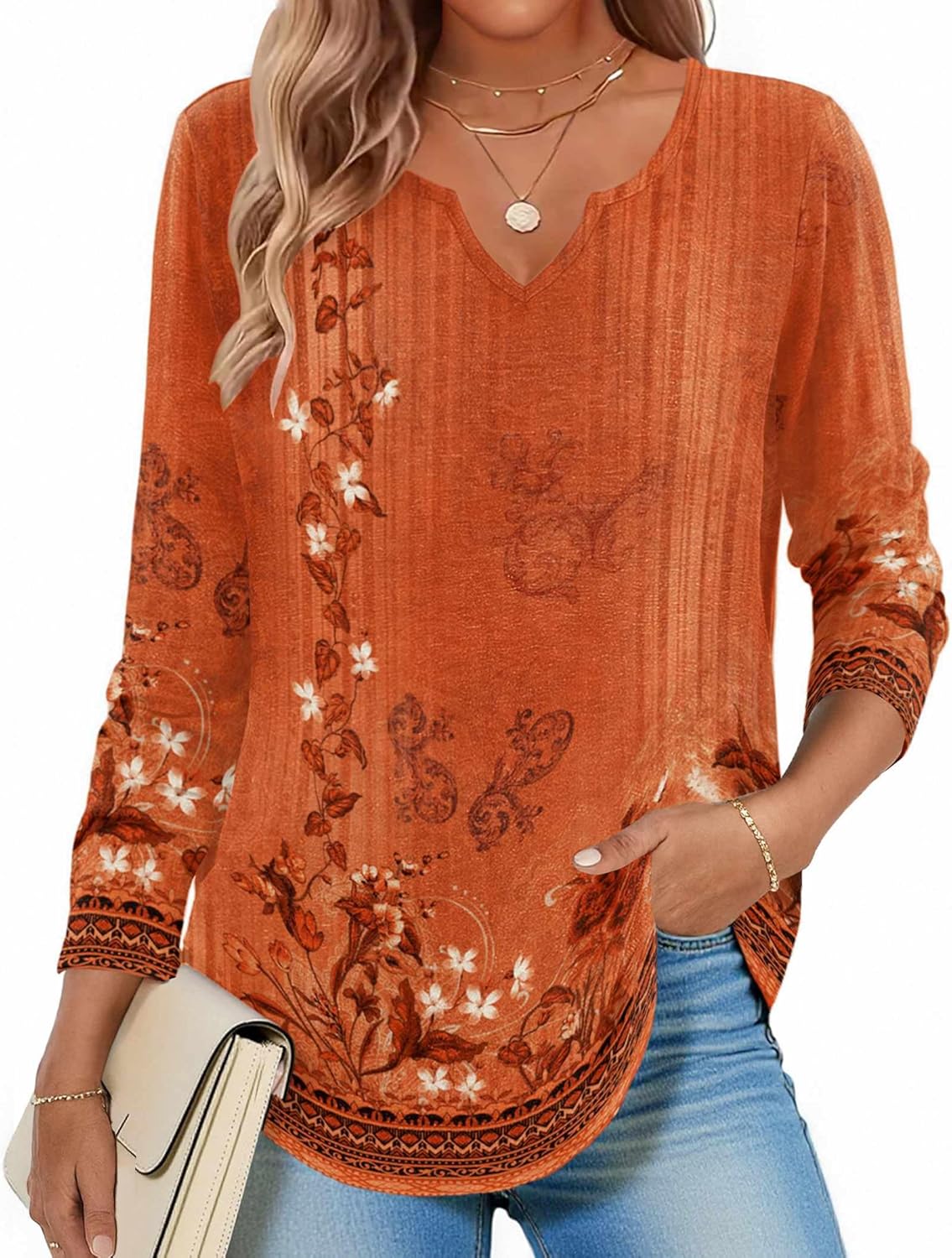 Long Sleeve Shirts for Women Spring Tops Casual Dressy V Neck Blouses Boho Tunic Western Clothes Vacation Outfits