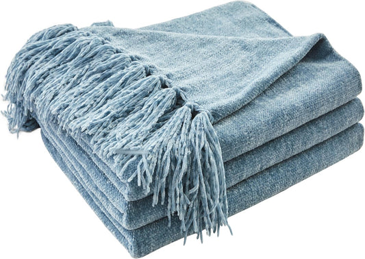 CozeCube Chenille Throw Blanket for Couch, Cozy Plush Fuzzy Decorative Dusty Blue Blanket with Fringe Tassels, Lightweight Throws for Bed Sofa Gift Home Decor, 50"X60"