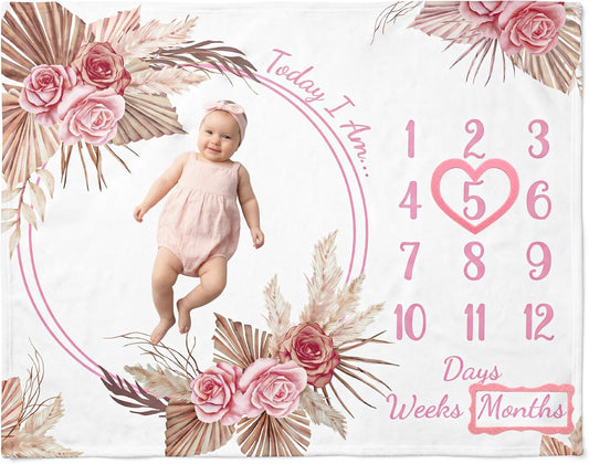 Baby Milestone Blanket for Baby Girl – Boho Floral Pampas Grass 50" x 40", Today I Am Photo Backdrop, Days/Weeks/Months Tracker 1-12, Felt Heart Frame, Nursery Decor
